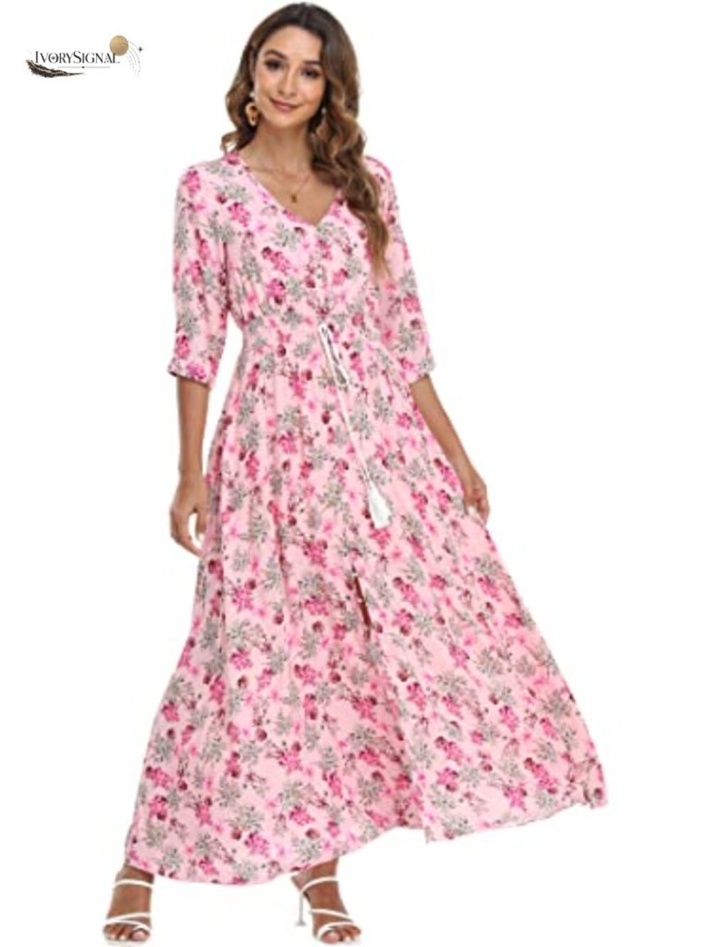 Womens Floral Maxi Dress with Sleeves Flowy Boho Beach A-Line Casual